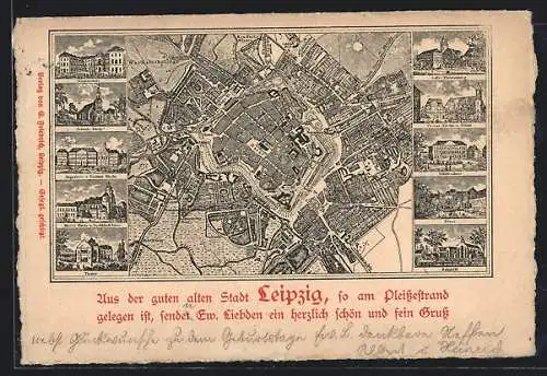 AK Leipzig, Stadtkarte mit Bürgerschule, Augusteum, Nicolaikirche u. Buchhändler-Börse