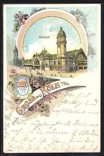 Lithographie Köln, Blick auf den Bahnhof, Wappen