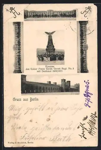 AK Berlin-Kreuzberg, Blücherstrasse, Kaserne des Kaiser Franz Garde Grend. Regt. No. 2 mit Denkmal