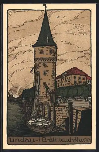 Steindruck-AK Lindau i. B., Der alte Leuchtturm
