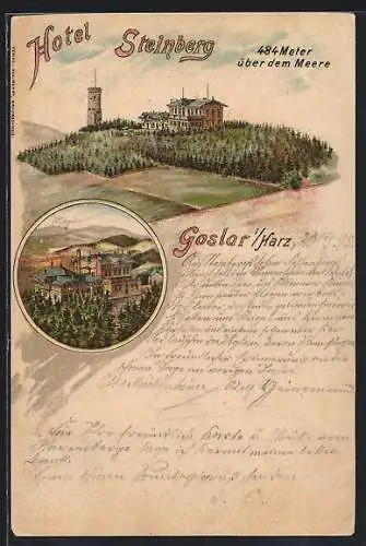 Vorläufer-Lithographie Goslar i. Harz, 1895, Blick auf das Hotel Steinberg