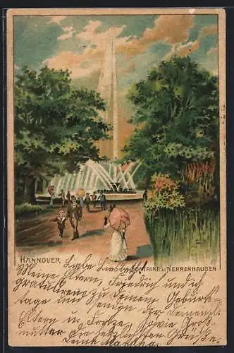 Lithographie Herrenhausen, Partie an der Fontaine