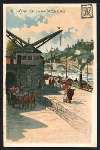 Lithographie Würzburg, Krahn am Mainufer, Dampfschiff