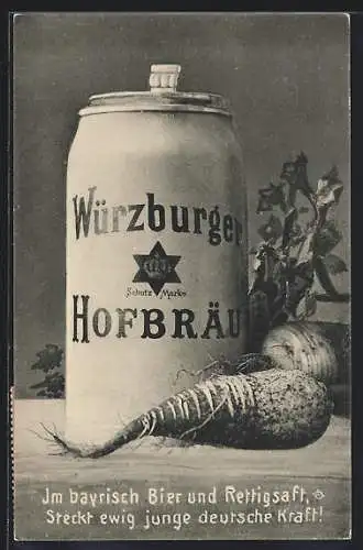 AK Würzburg, Würzburger Hofbräu, Im bayrisch Bier und Rettigsaft...