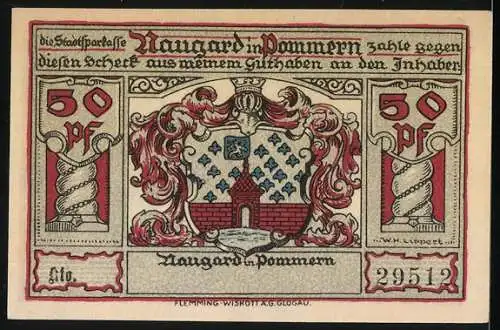 Notgeld Naugard in Pommern, 50 Pfennig, das alte Rathaus und Stadtwappen, Portrait Schill & Bismarck