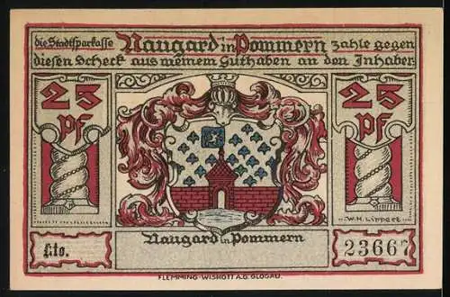 Notgeld Naugard in Pommern, 1921, 25 Pfennig, Kunstpokale der Handwerker und Schützen, Portrait Schill & Bismarck