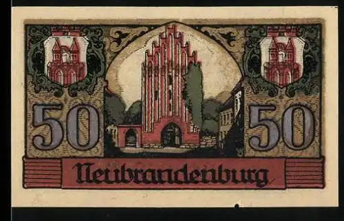 Notgeld Neubrandenburg, 1921, 50 Pfennig, Ansicht der Stadt, Stadtgründung 1248