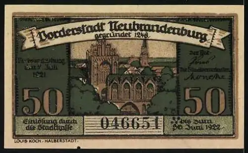 Notgeld Neubrandenburg, 1921, 50 Pfennig, Ansicht der Stadt, Stadtgründung 1248