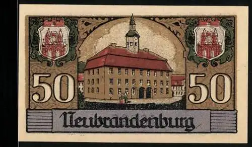 Notgeld Neubrandenburg 1921, 50 Pfennig, Stadthaus und Kirche, Seriennummer 46397