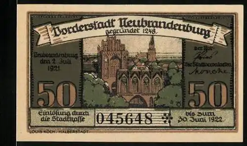 Notgeld Neubrandenburg, 1921, 50 Pfennig, Stadtansicht, Gebäude und Wappen