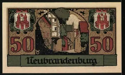 Notgeld Neubrandenburg, 1921, 50 Pfennig, Stadtansicht, Gebäude und Wappen