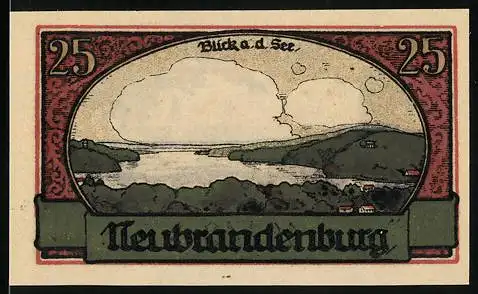 Notgeld Neubrandenburg, 1921, 25 Pfennig, Blick auf den See und Stadtansicht