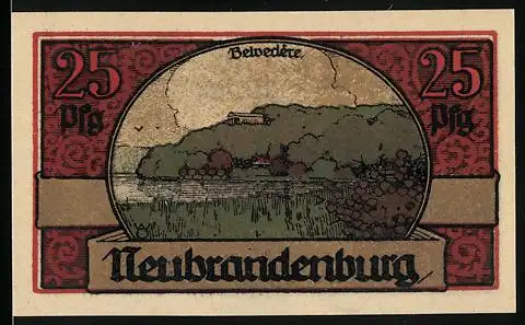 Notgeld Neubrandenburg, 1921, 25 Pfennig, Belvedere, Stadtansicht, Seriennummer 046404