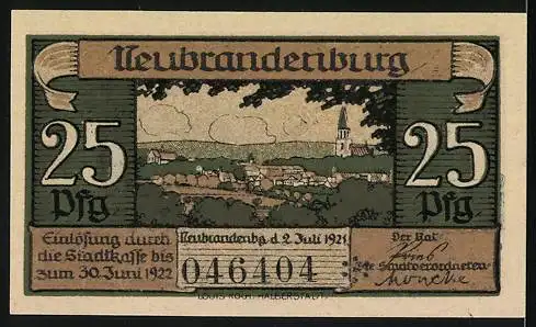 Notgeld Neubrandenburg, 1921, 25 Pfennig, Belvedere, Stadtansicht, Seriennummer 046404