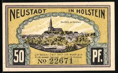 Notgeld Neustadt in Holstein, 1921, 50 Pfennig, Stadtansicht und der Löwe von Dänemark, gültig bis 31. Juli 1921