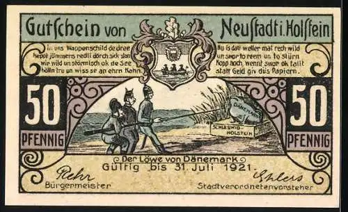 Notgeld Neustadt in Holstein, 1921, 50 Pfennig, Stadtansicht und der Löwe von Dänemark, gültig bis 31. Juli 1921