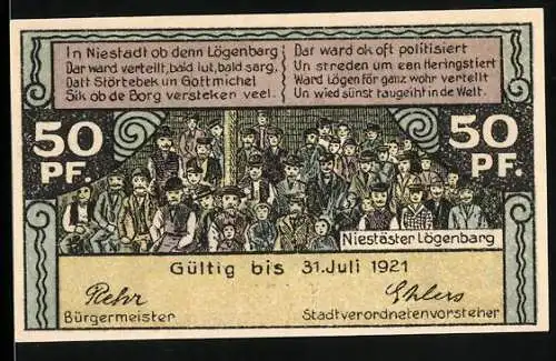 Notgeld Neustadt, 1921, 50 Pf, mit Augusta Victoria Warte und Versgruppe Niestäster Lögenbarg