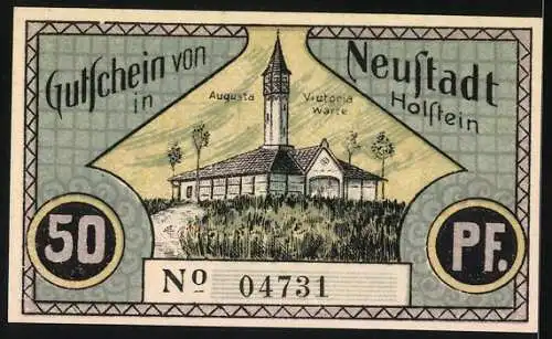 Notgeld Neustadt, 1921, 50 Pf, mit Augusta Victoria Warte und Versgruppe Niestäster Lögenbarg