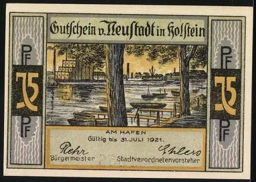 Notgeld Neustadt in Holstein, 1921, 75 Pf, Kinder auf Ziegenreiten und Hafenansicht, Nr. 01558