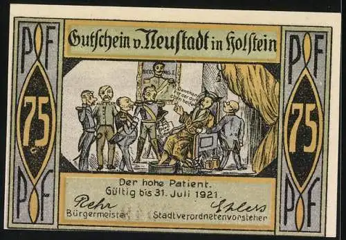 Notgeld Neustadt in Holstein 1921, 75 Pfennig, Am Strande und Der hohe Patient, Gültig bis 31. Juli 1921