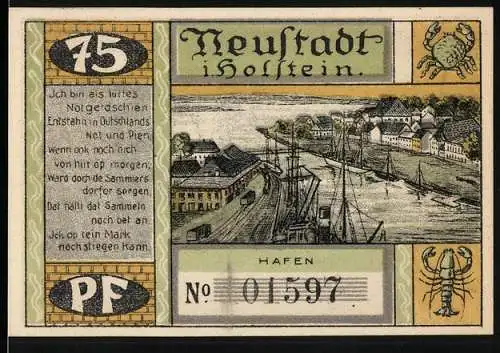 Notgeld Neustadt in Holstein 1921, 75 Pfennig, Hafenansicht und politisches Laboratorium