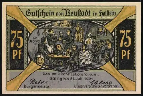 Notgeld Neustadt in Holstein 1921, 75 Pfennig, Hafenansicht und politisches Laboratorium