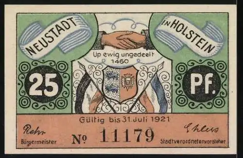 Notgeld Neustadt in Holstein, 1921, 25 Pf, Königliche Szene und Wappen, gültig bis 31. Juli 1921