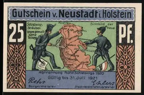 Notgeld Neustadt in Holstein 1920, 25 Pf, Abtrennung Nord-Schleswigs, Jungfernstieg, Gedenke dass du ein Deutscher bist