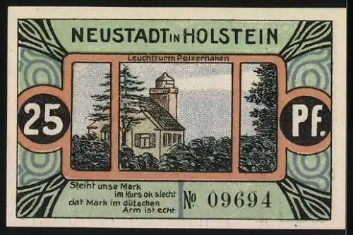 Notgeld Neustadt in Holstein, 1921, 25 Pfennig, Gültig bis 31. Juli 1921, Leuchtturm Pelzerhaken, Nr. 09694