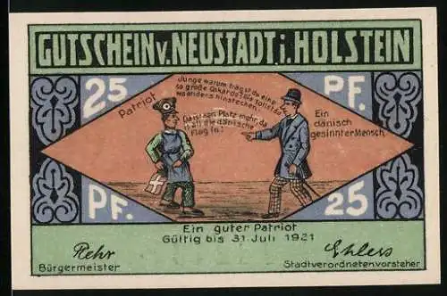 Notgeld Neustadt in Holstein, 1921, 25 Pf, Patriot und Kirche, Seriennummer 14246