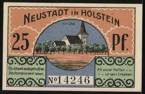 Notgeld Neustadt in Holstein, 1921, 25 Pf, Patriot und Kirche, Seriennummer 14246