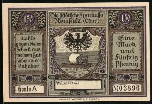 Notgeld Neusalz (Oder), 1,50 Mark, Stadtwappen und historische Szene mit Friedrich dem Grossen 1743