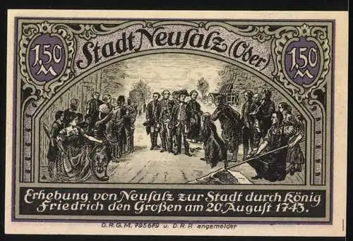 Notgeld Neusalz (Oder), 1,50 Mark, Stadtwappen und historische Szene mit Friedrich dem Grossen 1743