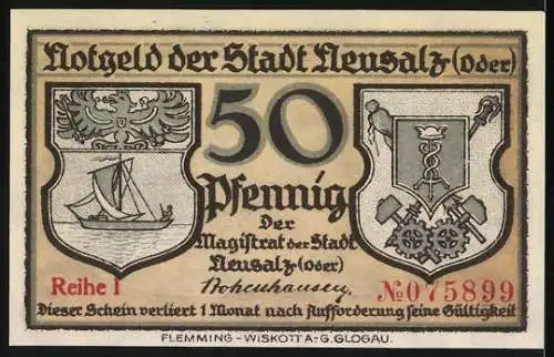 Notgeld Neusalz (Oder), 50 Pfennig, Hafeneinfahrt mit Wappen, Reihe 1, Nr. 075899