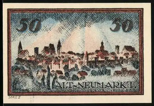 Notgeld Neumarkt, 1921, 50 Pfennig, Stadtansicht und Städtische Sparkasse