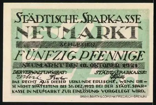 Notgeld Neumarkt, 1921, 50 Pfennig, Stadtansicht und Städtische Sparkasse