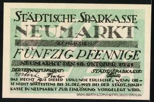 Notgeld Neumarkt, 1921, 50 Pfennig, Städtische Sparkasse Neumarkt, Serie I, grün mit Wappen