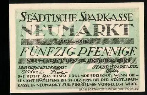 Notgeld Neumarkt, 1921, Fünfzig Pfennig, Städtische Sparkasse, Ortsansicht Neu-Neumarkt