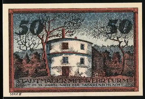 Notgeld Neumarkt, 1921, 50 Pfennig, Stadtmauer mit Neuturm, Städtische Sparkasse Neumarkt