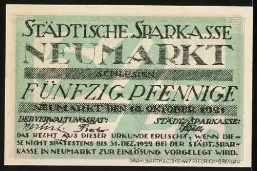 Notgeld Neumarkt, 1921, 50 Pfennig, Stadtmauer mit Neuturm, Städtische Sparkasse Neumarkt