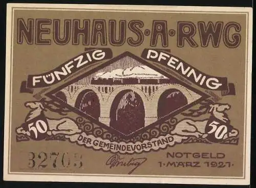 Notgeld Neuhaus am Rennweg, 1921, 50 Pfennig, Pferdekutsche und Brücke, Der Gemeindevorstand