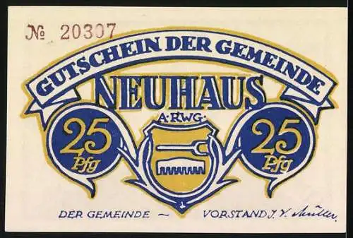 Notgeld Neuhaus, 25 Pfennig, Frau mit Sonne und Wappen der Gemeinde, Nr. 20307