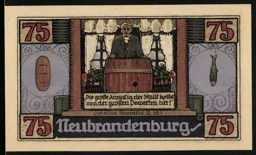 Notgeld Neubrandenburg, 1921, 75 Pfennig, Mann mit Fass und Gasthaus-Szene