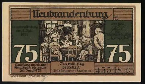 Notgeld Neubrandenburg, 1921, 75 Pfennig, Szenen und Inschriften