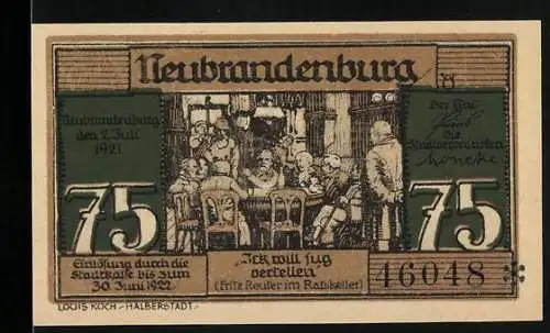 Notgeld Neubrandenburg 1921, 75 Pfennig, Illustration von Fritz Reuter im Ratskeller und häusliche Szene mit Hund