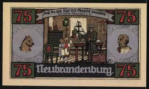 Notgeld Neubrandenburg 1921, 75 Pfennig, Illustration von Fritz Reuter im Ratskeller und häusliche Szene mit Hund