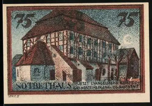 Notgeld Neumarkt, 1921, 75 Pfennig, Stadtansicht mit Kirche Notbethaus und Inschrift der Stadtsparkasse