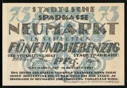 Notgeld Neumarkt 1921, 75 Pfennig, Städtische Sparkasse mit dekorativem Muster und Seriennummer