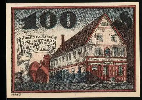 Notgeld Neumarkt, 1921, 100 Mark, Darstellung eines Gasthofs und Text zur Schlacht von Leuthen