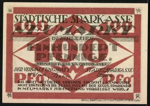 Notgeld Neumarkt, 1921, 100 Mark, Darstellung eines Gasthofs und Text zur Schlacht von Leuthen